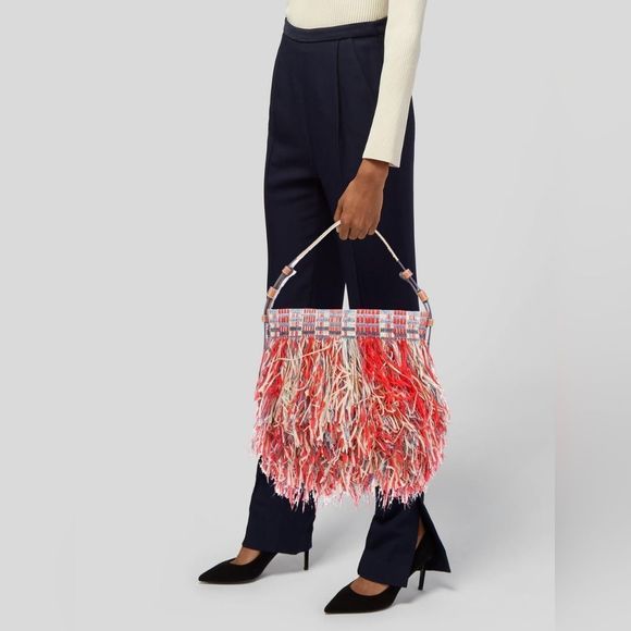 TORY BURCH Red/Blue Fringe "Frayed Tweed" Hobo 2016 Runway Bag - Picture 1 of 16